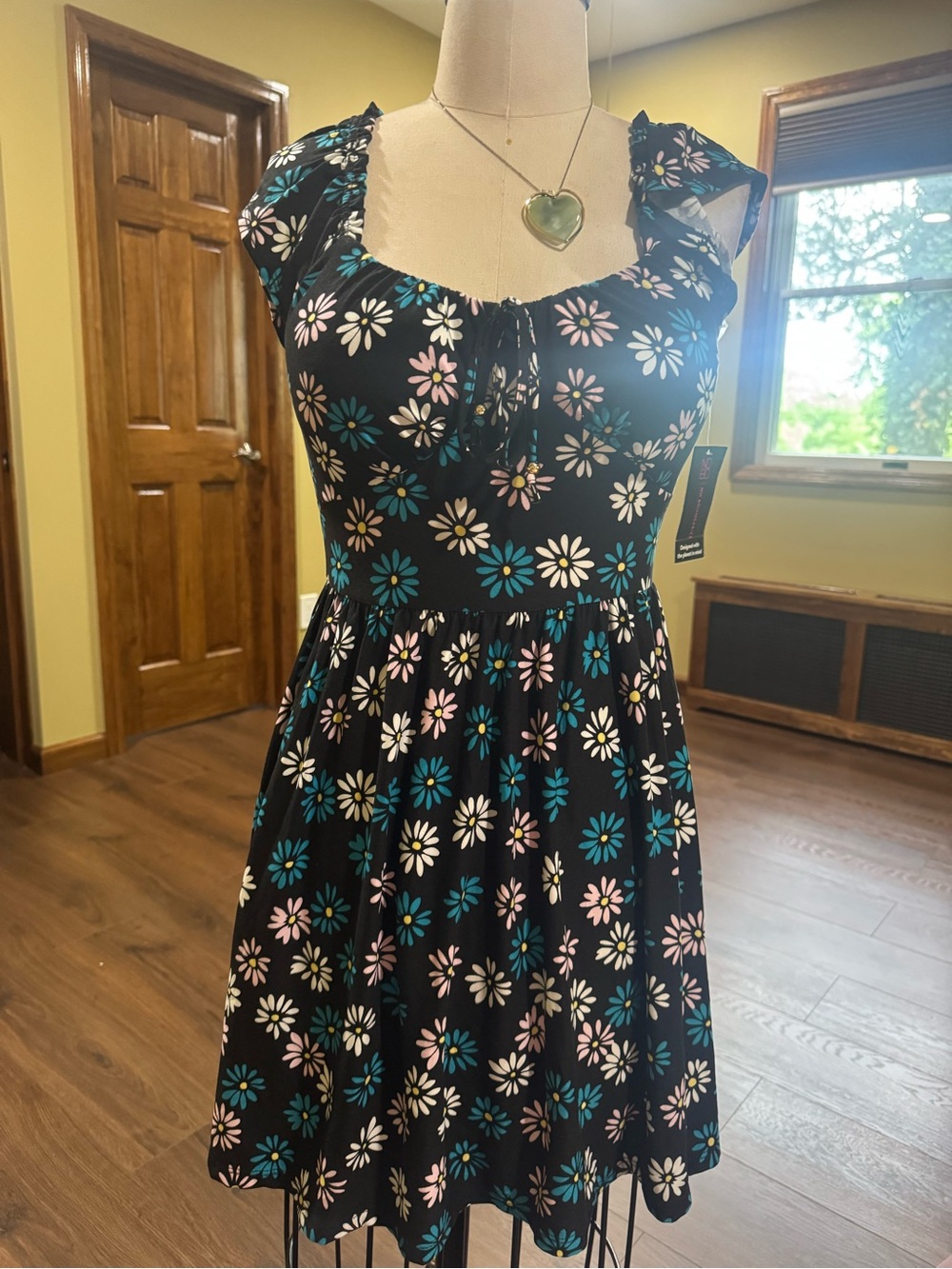 No Boundaries Black Mini Dress with Blue, Pink & White Daisy Print